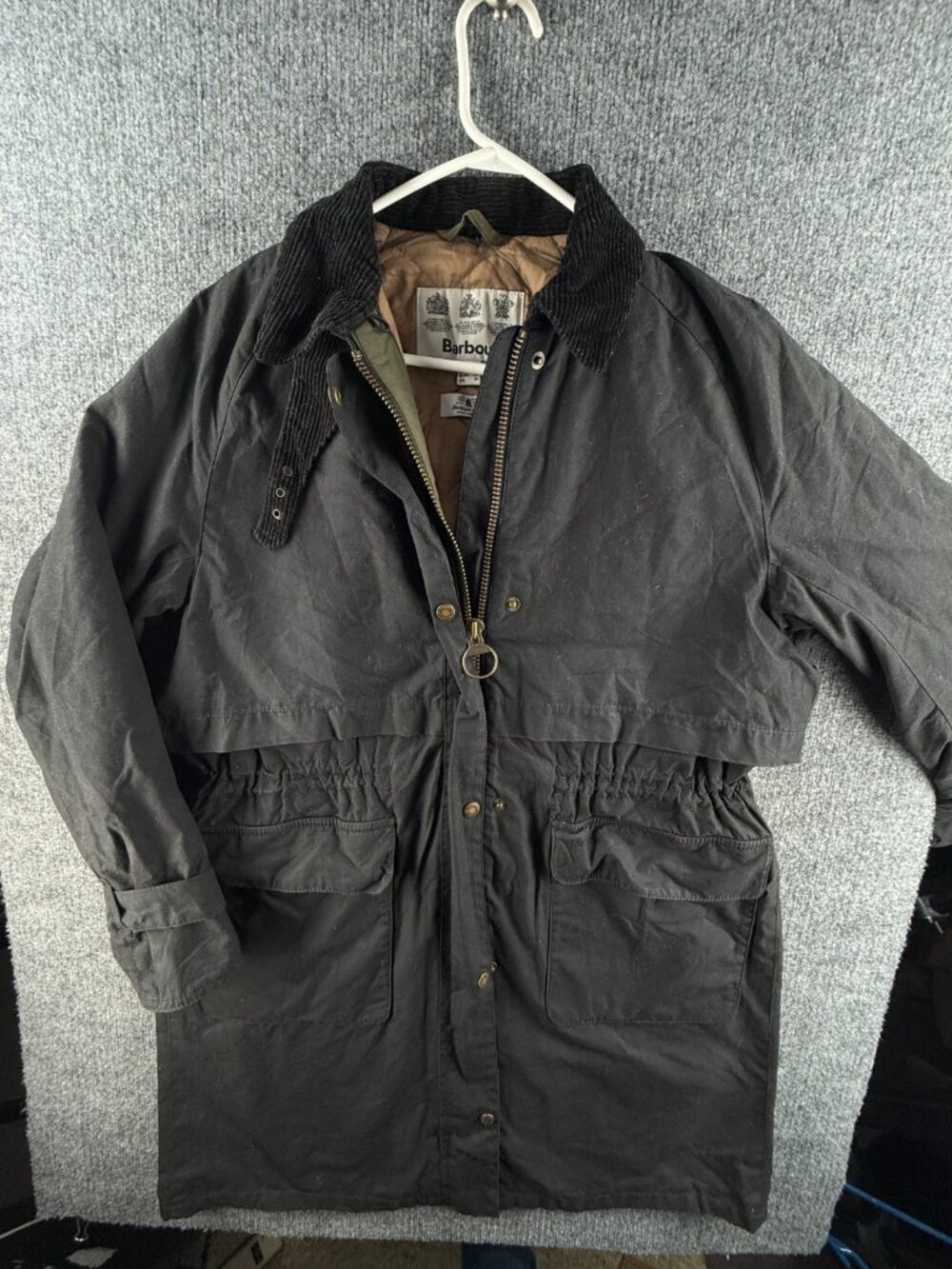 Barbour Floree Waxed Jacket Size 6 US Women Full Zip Black Long Trench, Lined
